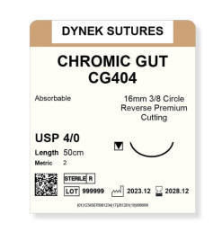 Dynek Sutures Chromic Gut 4-0 50cm 16mm 3/8 Circle R/C-P (CG404) Box of 12pcs